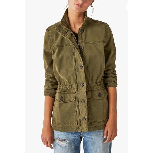 Lucky Brand Womens Full Zip Up Jacket Green Military Cargo Utility Boho Sz Small - Picture 1 of 9